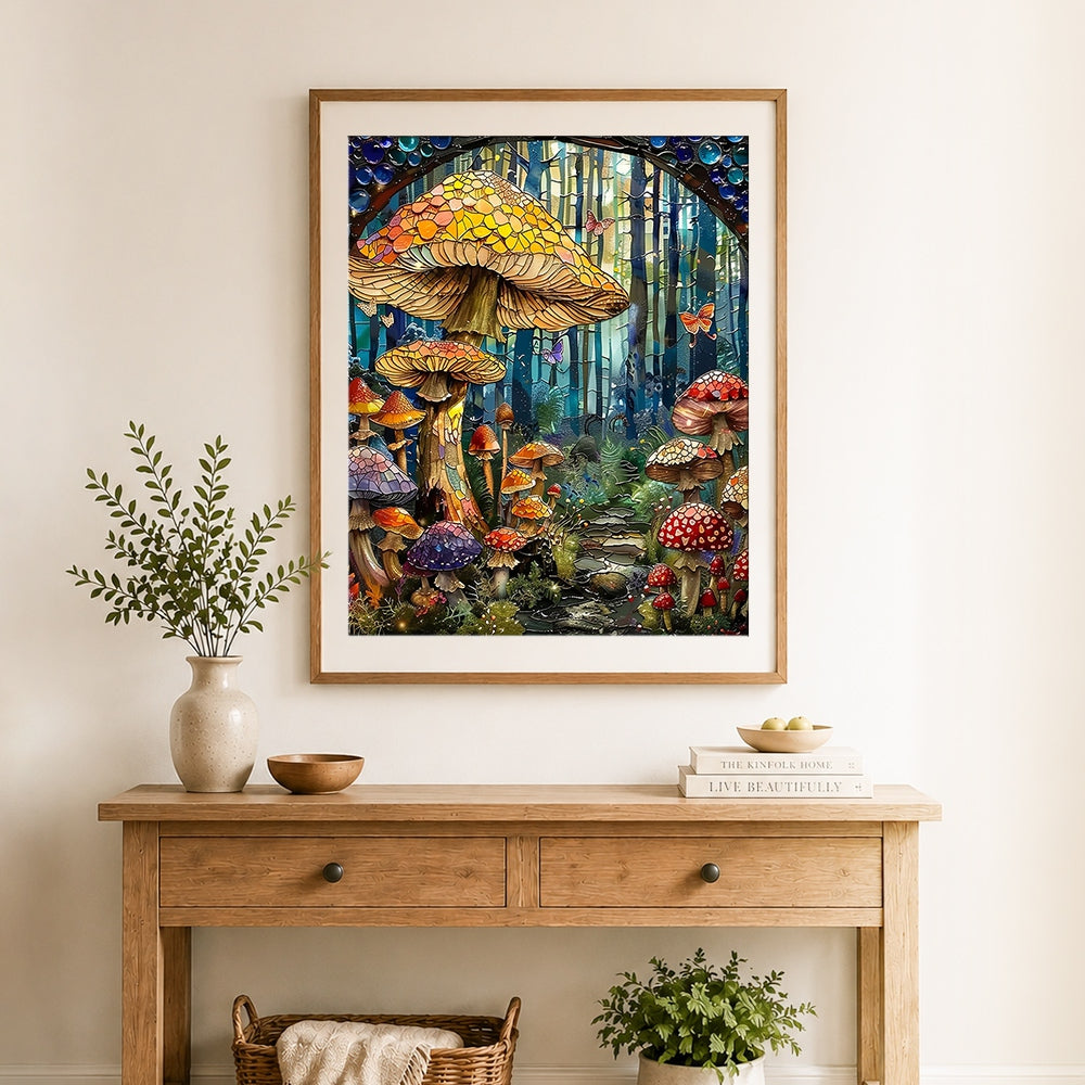 Finished enchanted mushroom forest cross stitch artwork displayed as home decor