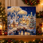Finished enchanted snowy christmas town pearl diamond painting artwork displayed as holiday home decor