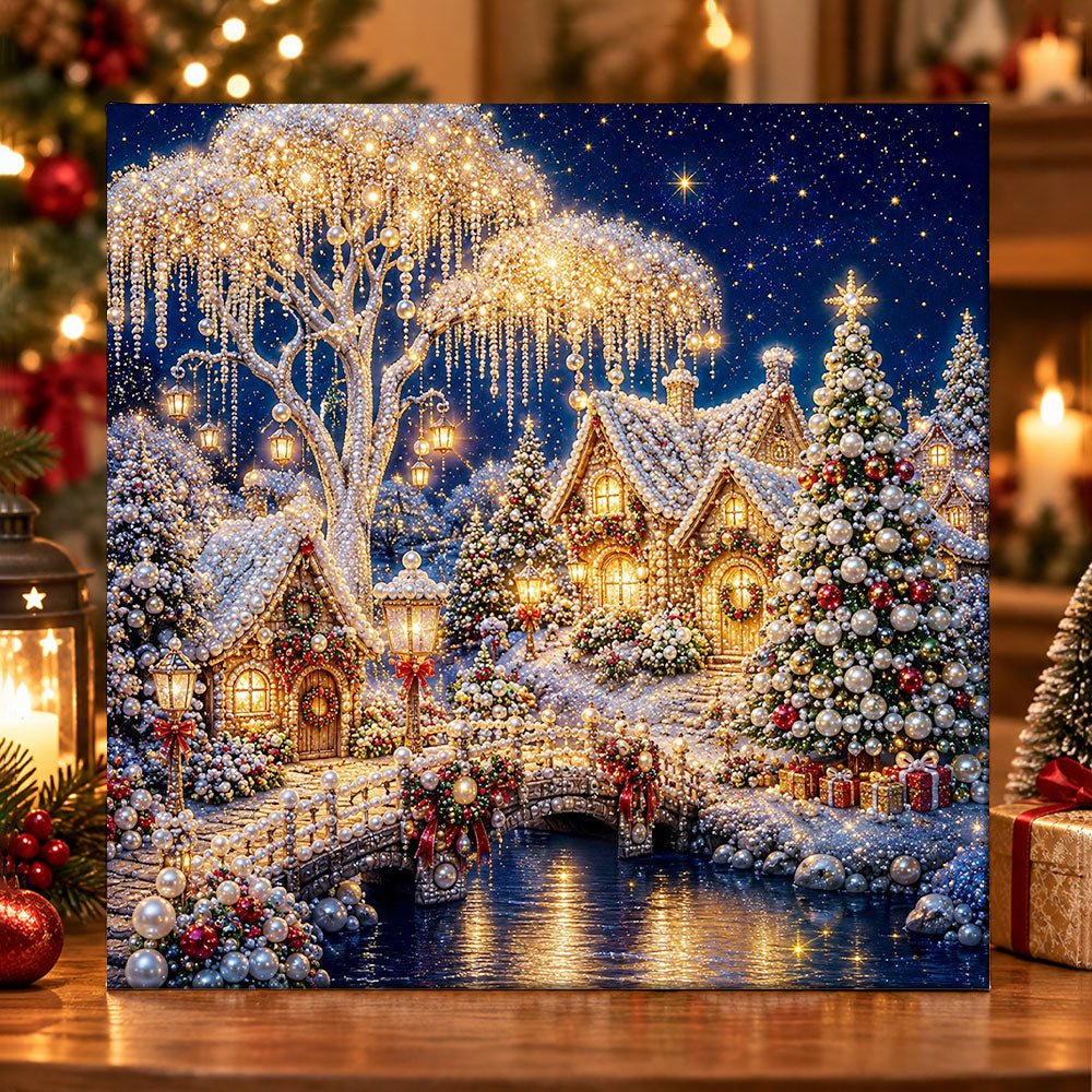 Enchanted snowy christmas town pearl diamond painting kit for beginners