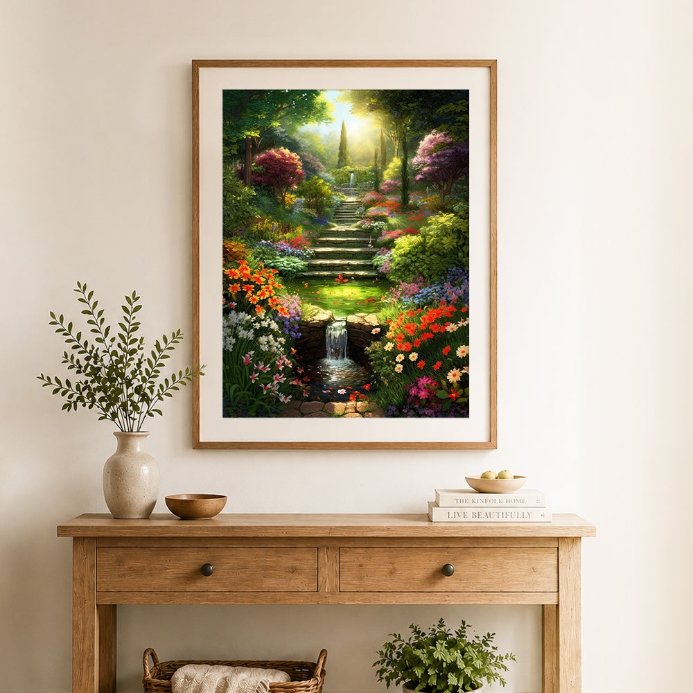 Finished enchanted sunlit forest garden with waterfall cross stitch artwork displayed as home decor