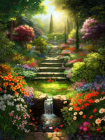 Enchanted sunlit forest garden with waterfall cross stitch kit for beginners