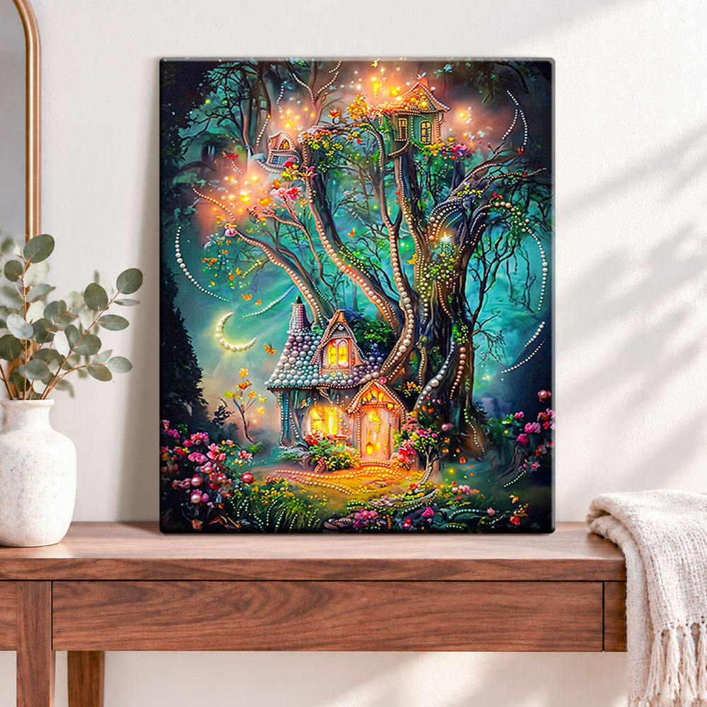 Finished enchanted tree cottage pearl diamond painting artwork displayed as home decor