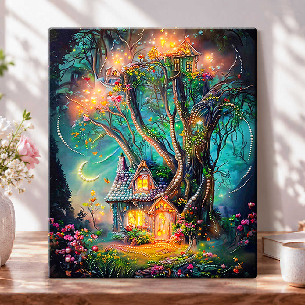 Enchanted tree cottage pearl diamond painting kit for beginners