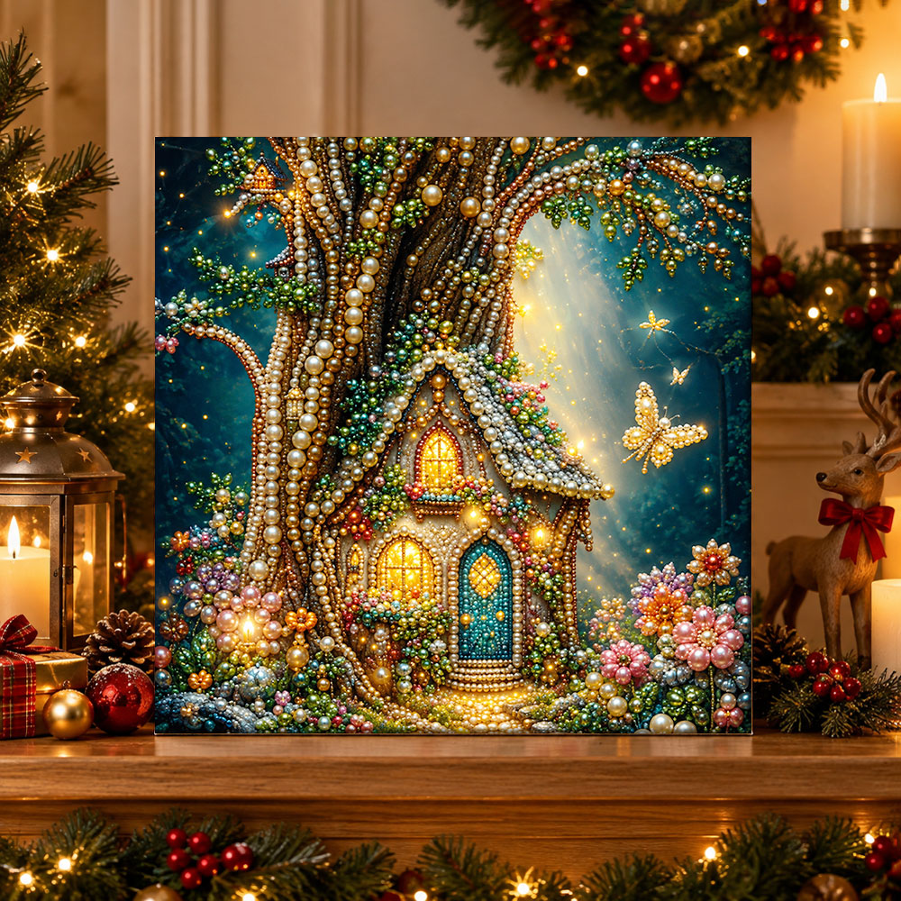 Finished enchanted tree fairy house pearl diamond painting artwork displayed as holiday home decor