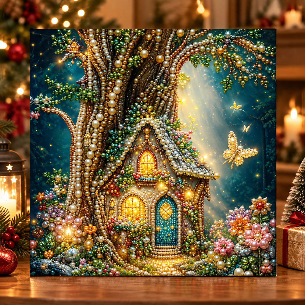 Enchanted tree fairy house pearl diamond painting kit for beginners