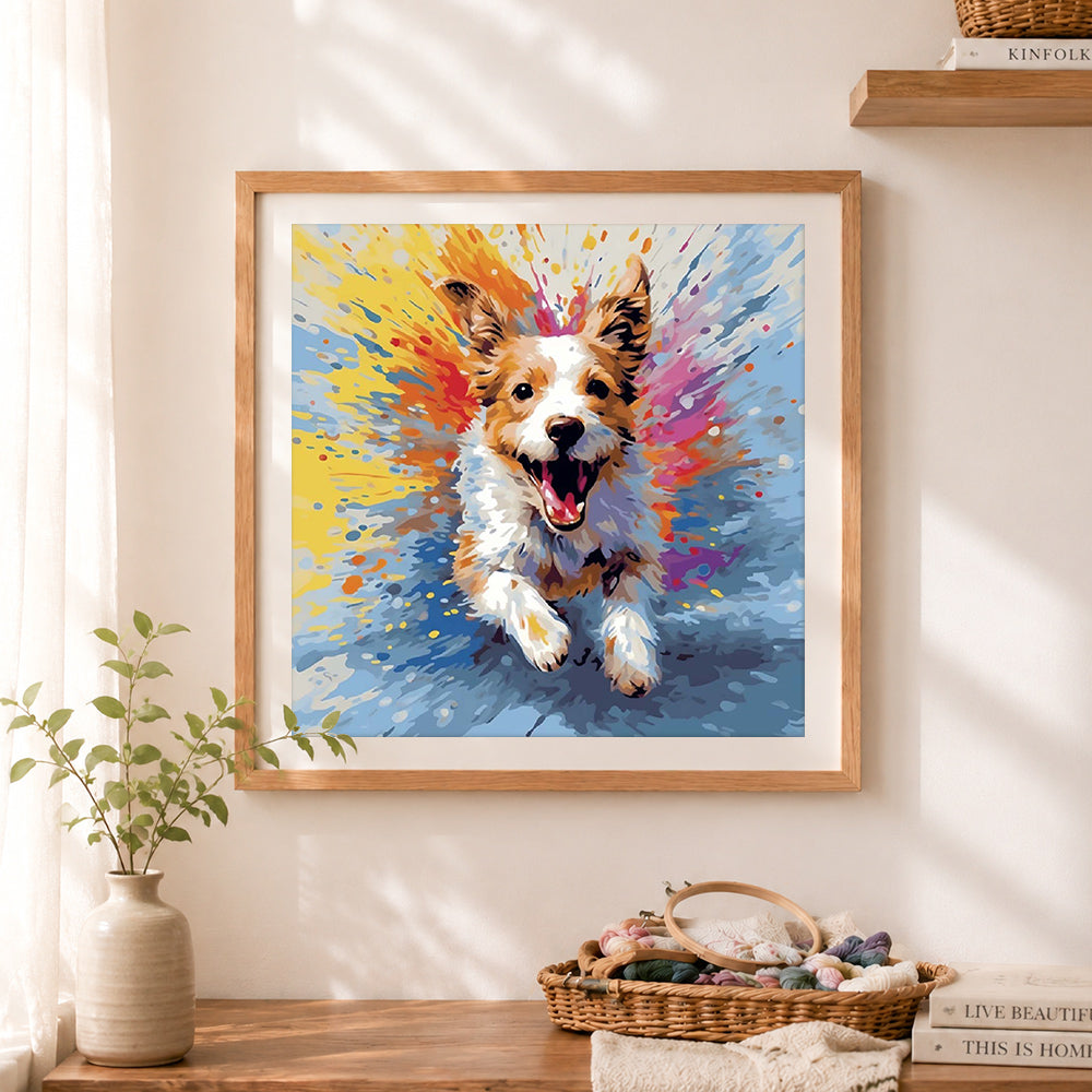 Finished energetic splash dog cross stitch artwork displayed as home decor