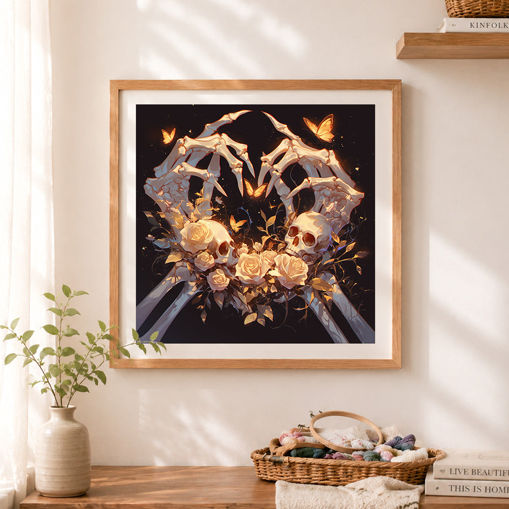 Finished eternal skeleton love cross stitch artwork displayed as home decor