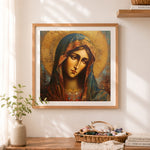 Finished ethereal blue veiled sacred portrait cross stitch artwork displayed as home decor