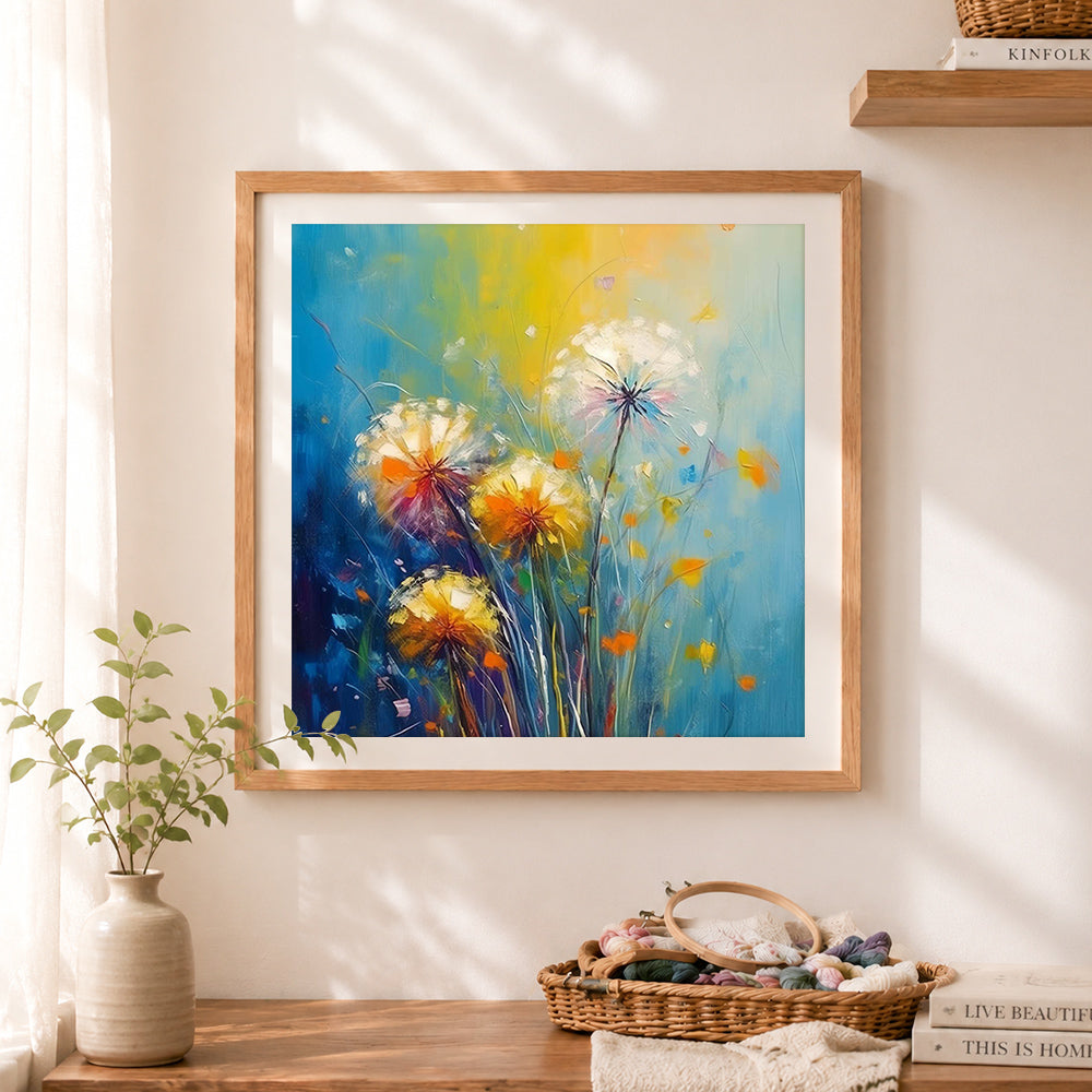Finished ethereal dandelion seeds cross stitch artwork displayed as home decor