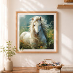 Finished ethereal white horse in tall grass cross stitch artwork displayed as home decor