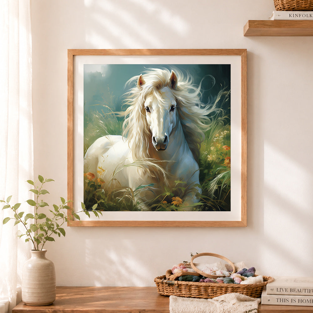 Finished ethereal white horse in tall grass cross stitch artwork displayed as home decor