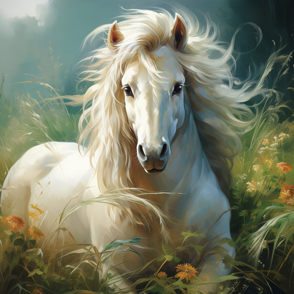 Ethereal white horse in tall grass cross stitch kit for beginners