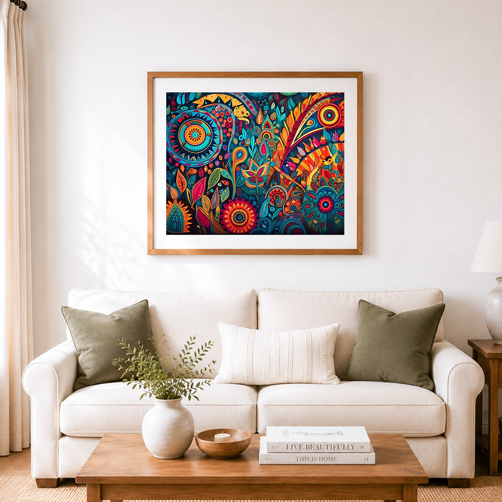 Finished ethnic colorful botanical pattern cross stitch artwork displayed as home decor