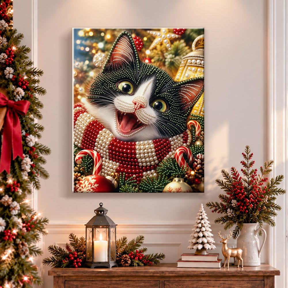Finished excited tuxedo cat for christmas pearl diamond painting artwork displayed as holiday home decor