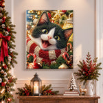 Finished excited tuxedo cat for christmas pearl diamond painting artwork displayed as holiday home decor