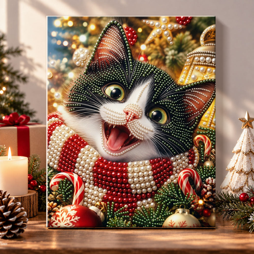 Excited tuxedo cat for christmas pearl diamond painting kit for beginners