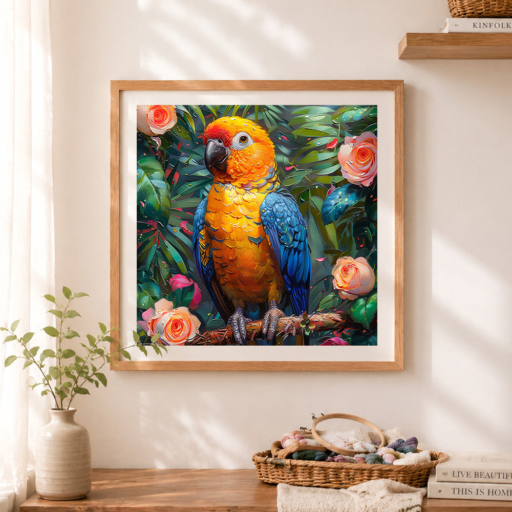 Finished exotic macaw and roses cross stitch artwork displayed as home decor