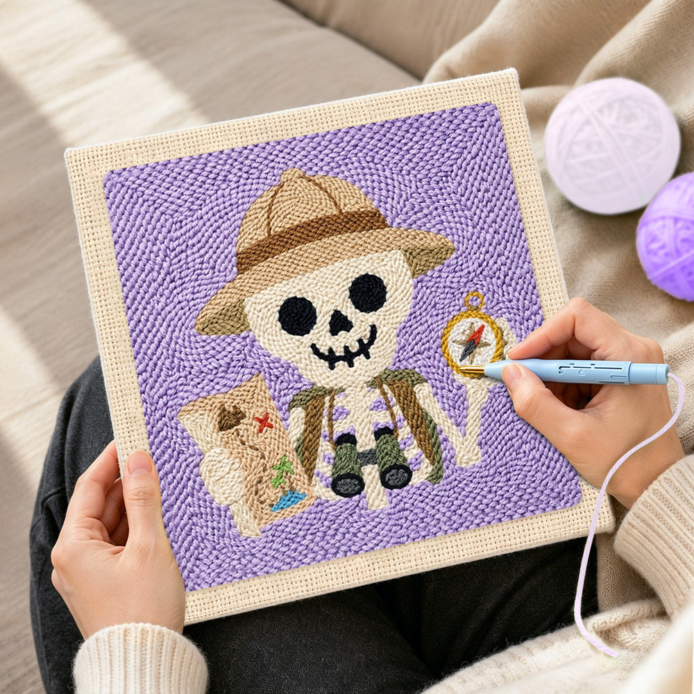 Creating handmade explorer skeleton punch needle artwork