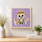 Finished explorer skeleton artwork displayed on a wall