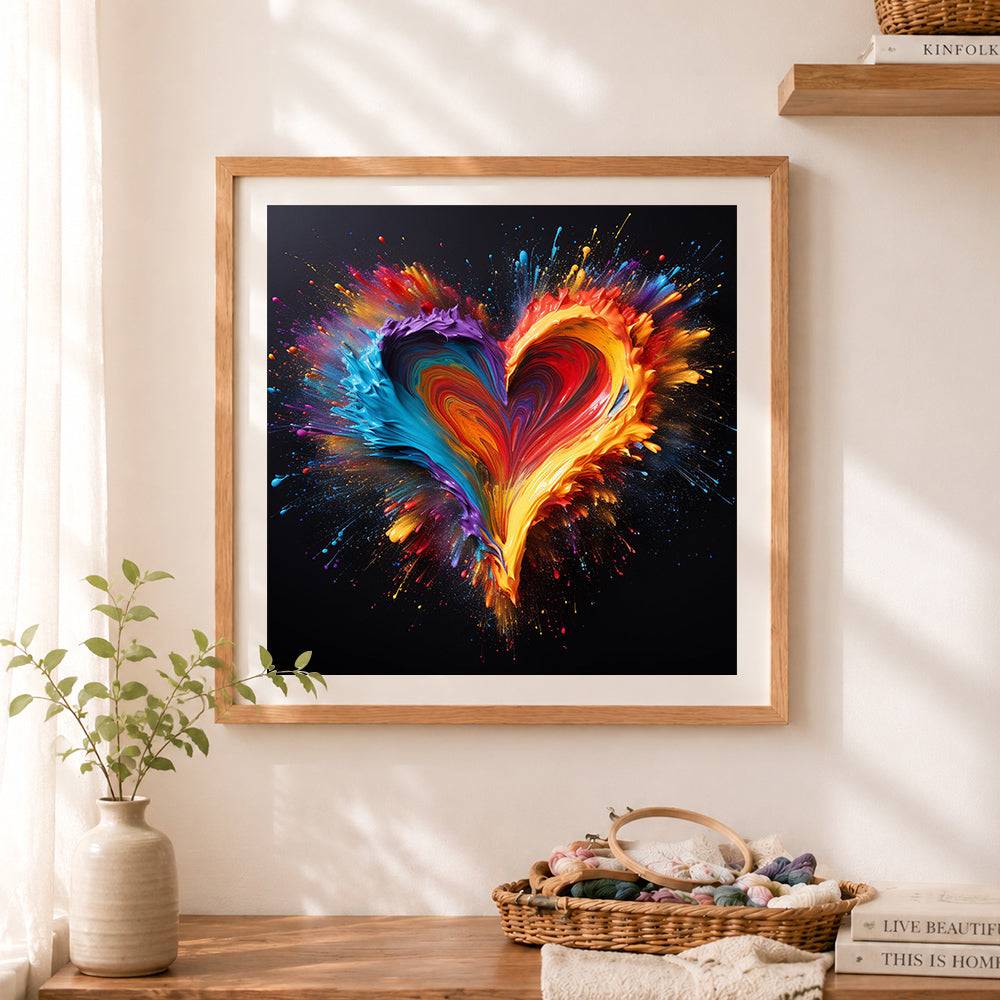 Finished explosive colorful paint heart on black cross stitch artwork displayed as home decor