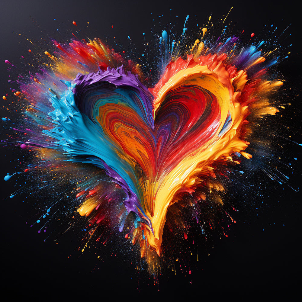 Explosive colorful paint heart on black cross stitch kit for beginners