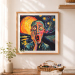 Finished expressionist scream artwork cross stitch artwork displayed as home decor