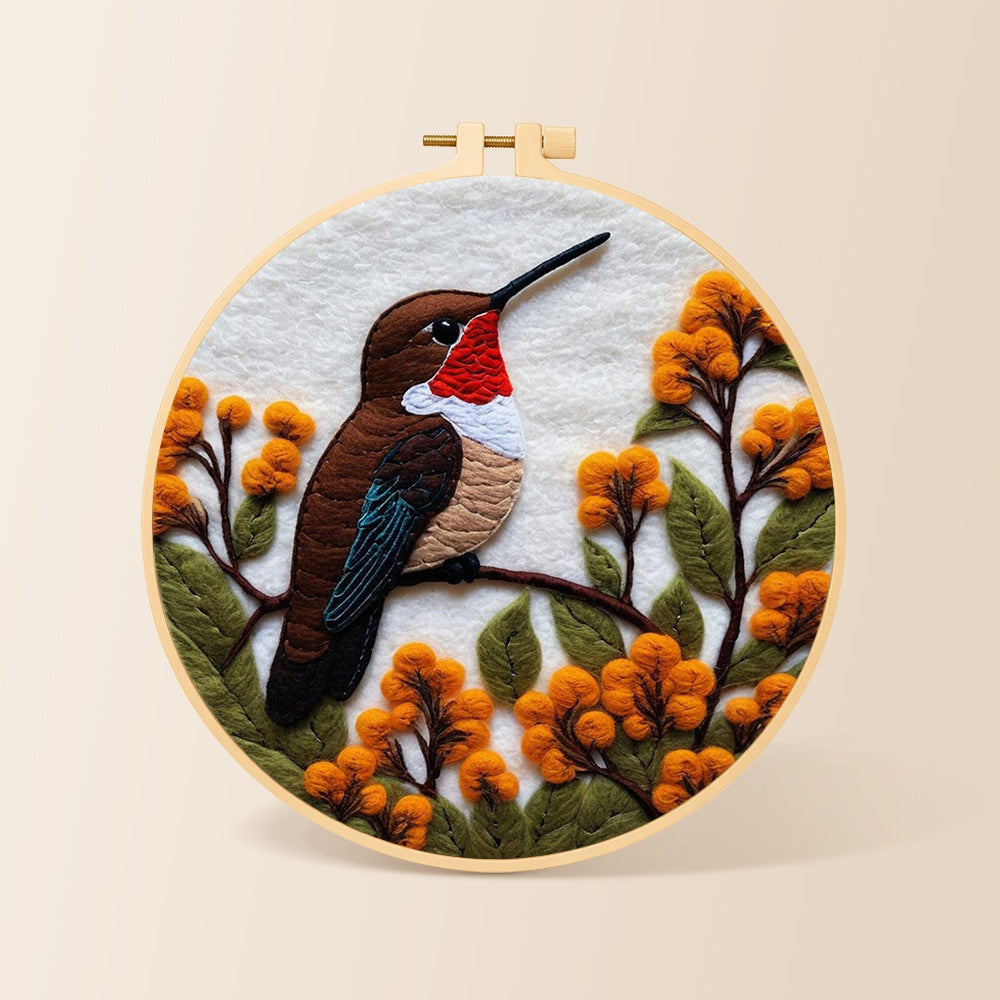 Exquisite ruby throated hummingbird and autumn flowers needle felting kit for beginners with a round wooden frame