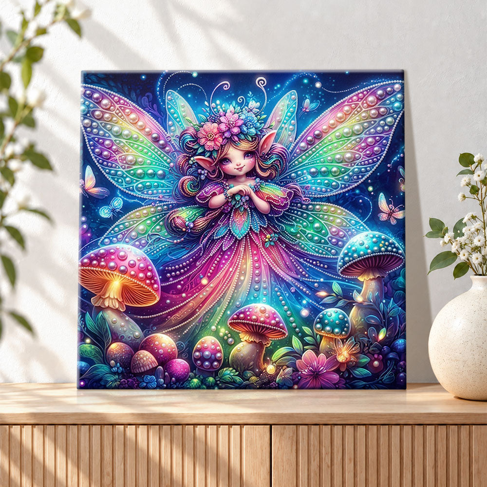 Finished fairy among glowing mushrooms pearl diamond painting artwork displayed as holiday home decor