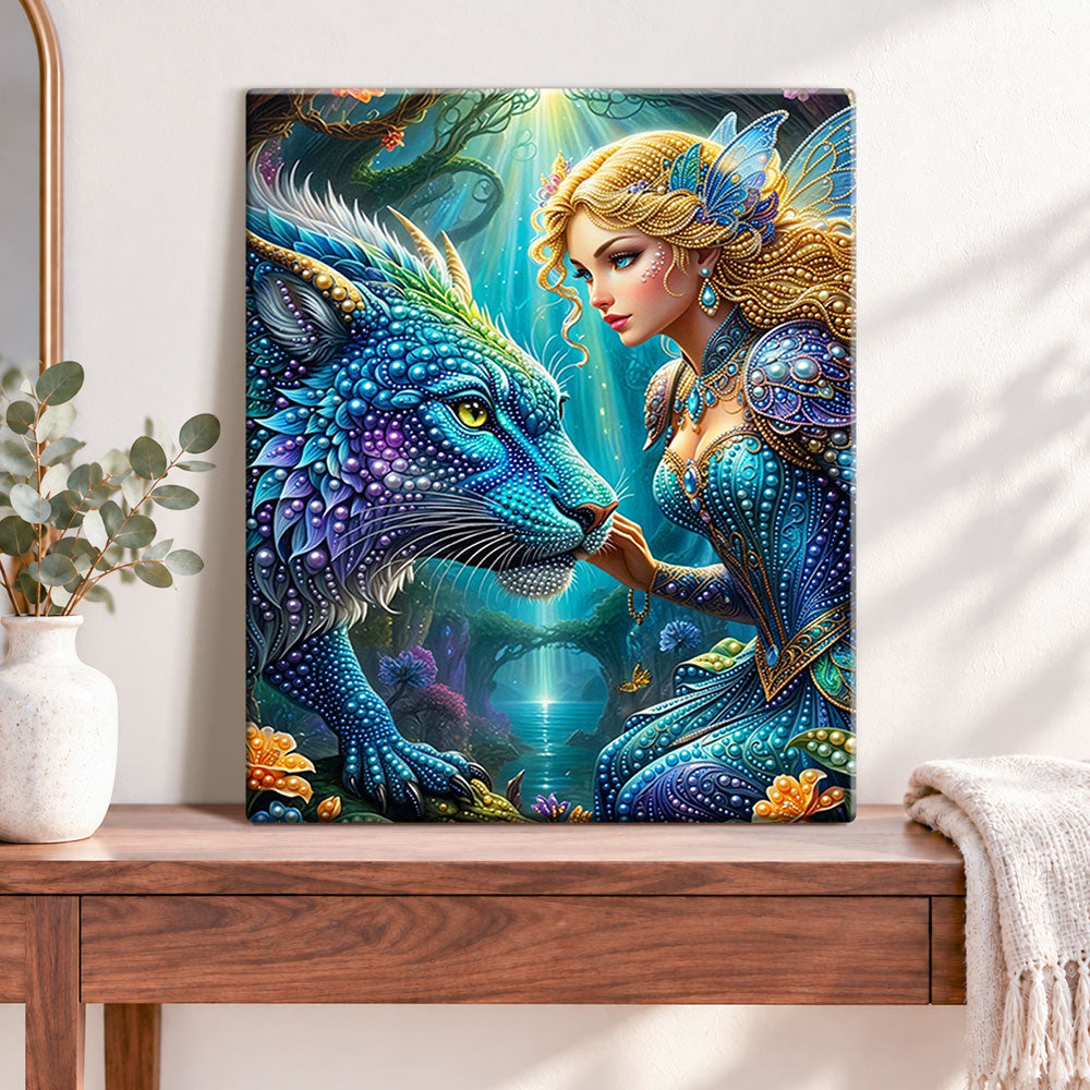 Finished fairy and mystic beast pearl diamond painting artwork displayed as home decor