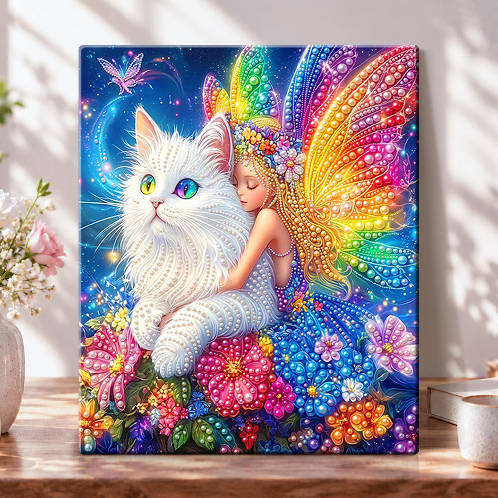 Fairy and pearled white cat pearl diamond painting kit for beginners