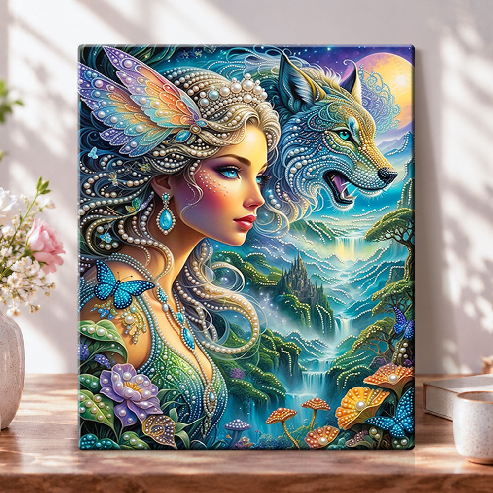 Fairy and wolf fantasy pearl diamond painting kit for beginners