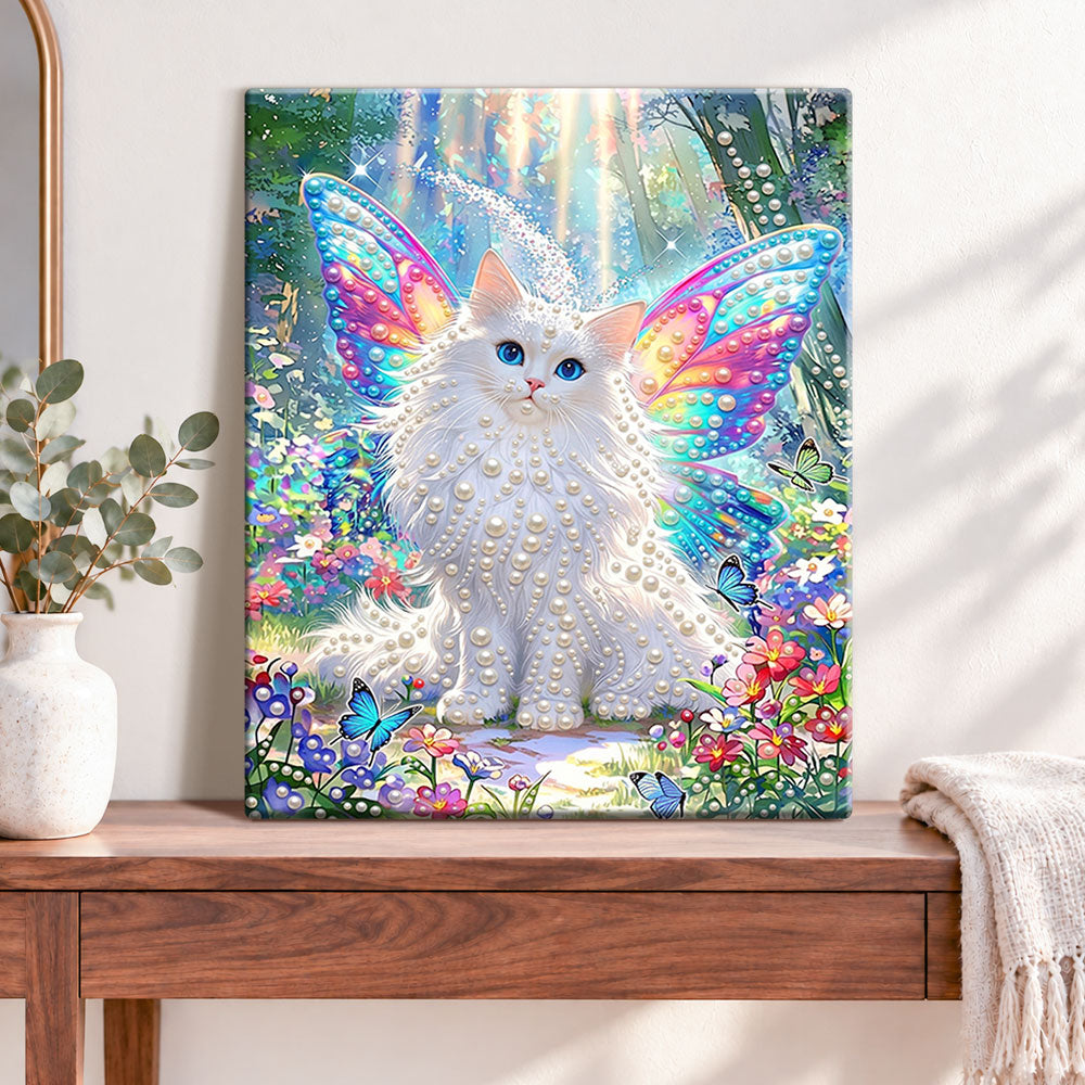 Finished fairy cat in bloom pearl diamond painting artwork displayed as home decor