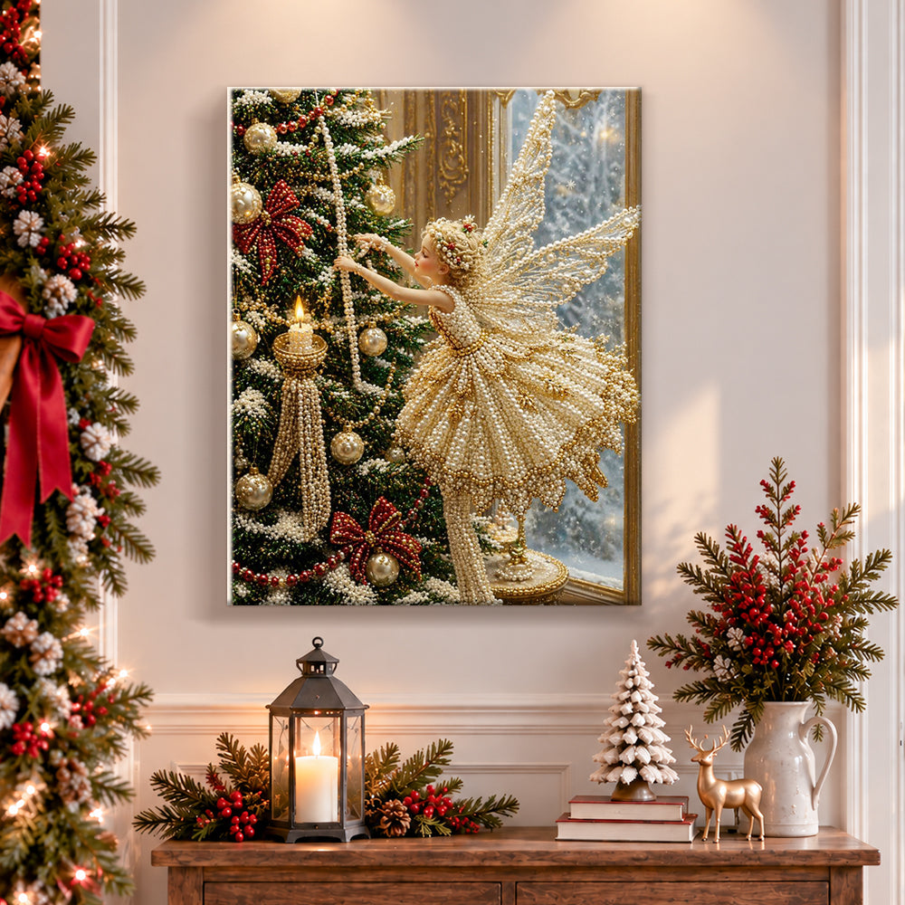 Finished fairy decorating christmas tree pearl diamond painting artwork displayed as holiday home decor