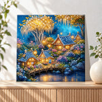 Finished fairy village by the glimmering lake pearl diamond painting artwork displayed as holiday home decor