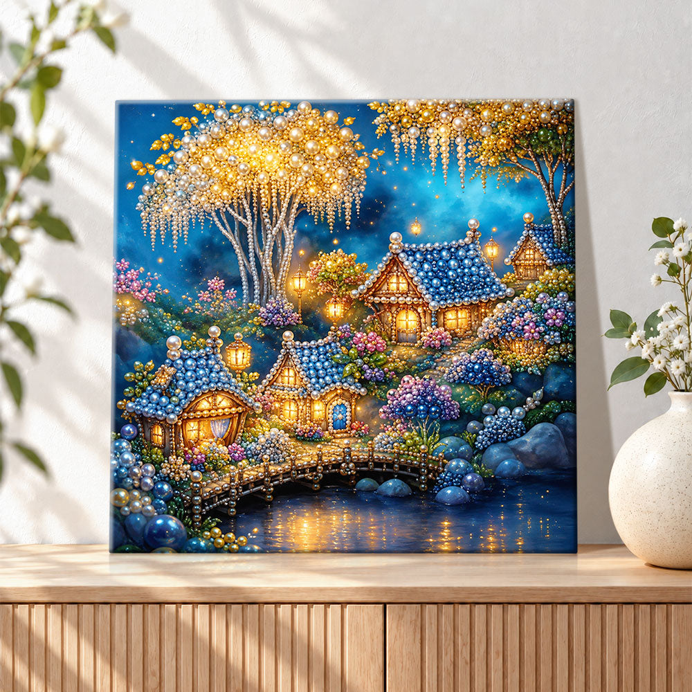 Finished fairy village by the glimmering lake pearl diamond painting artwork displayed as holiday home decor