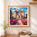 Finished fairytale castle with rose garden cross stitch artwork displayed as home decor