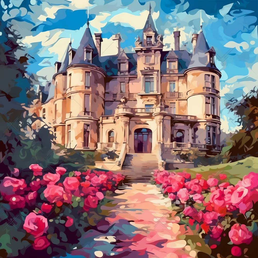Fairytale castle with rose garden cross stitch kit for beginners