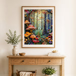 Finished fairytale mushroom forest cross stitch artwork displayed as home decor