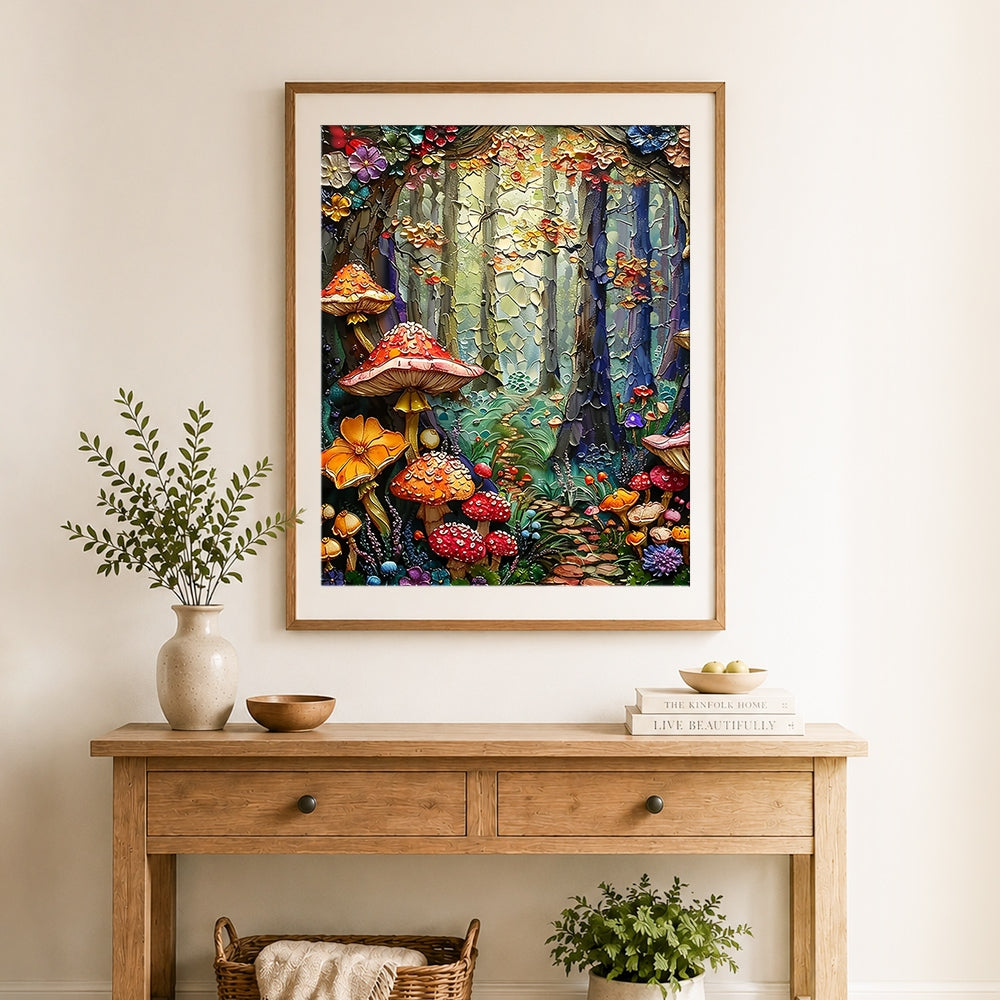 Finished fairytale mushroom forest cross stitch artwork displayed as home decor