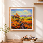 Finished fall country hillside path cross stitch artwork displayed as home decor