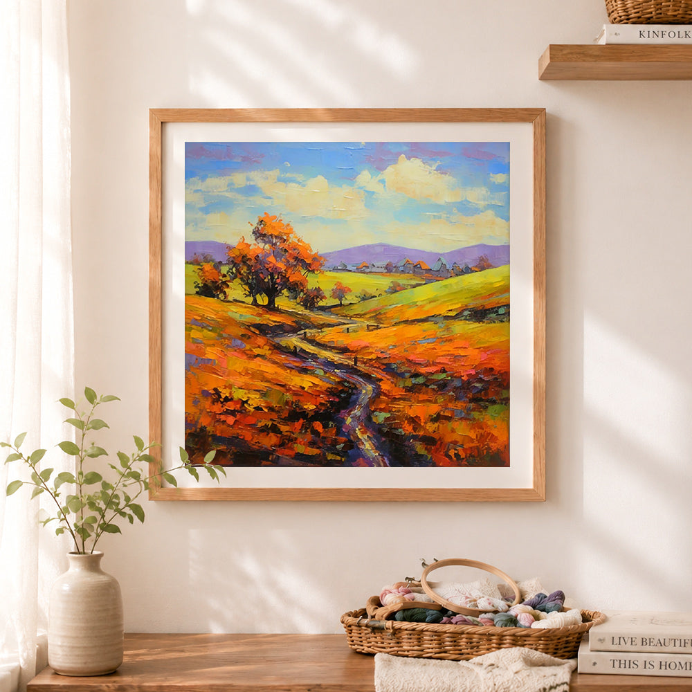 Finished fall country hillside path cross stitch artwork displayed as home decor