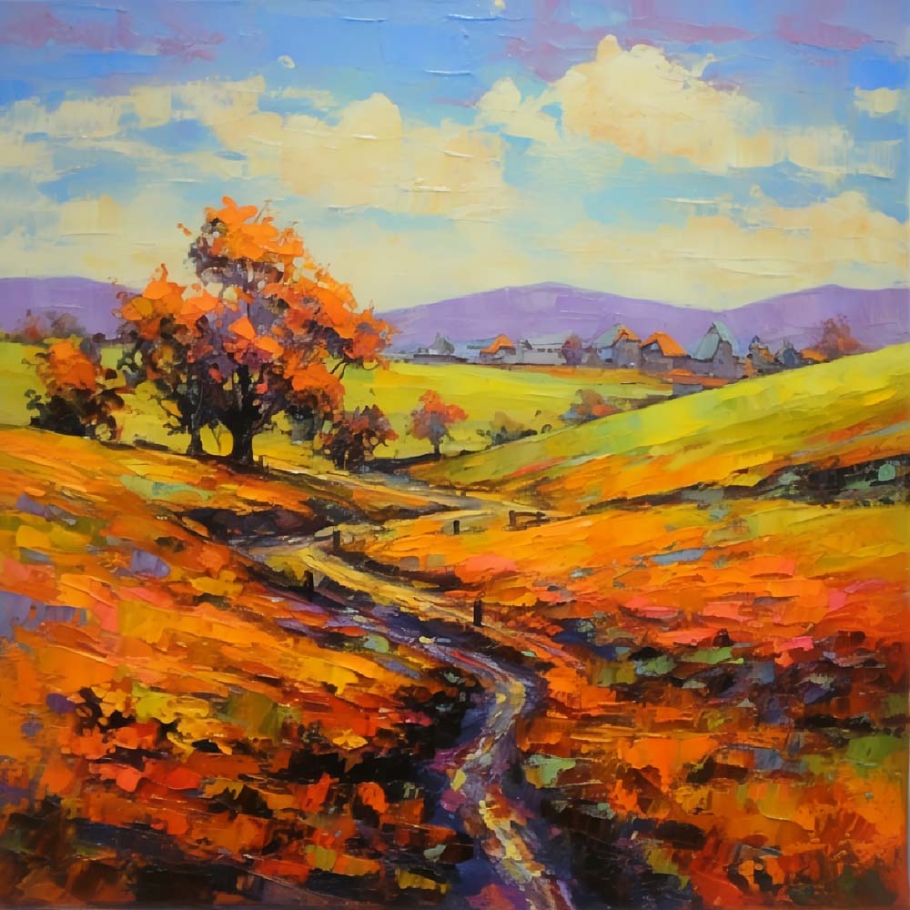 Fall country hillside path cross stitch kit for beginners