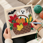 Creating handmade fall harvest basket punch needle artwork