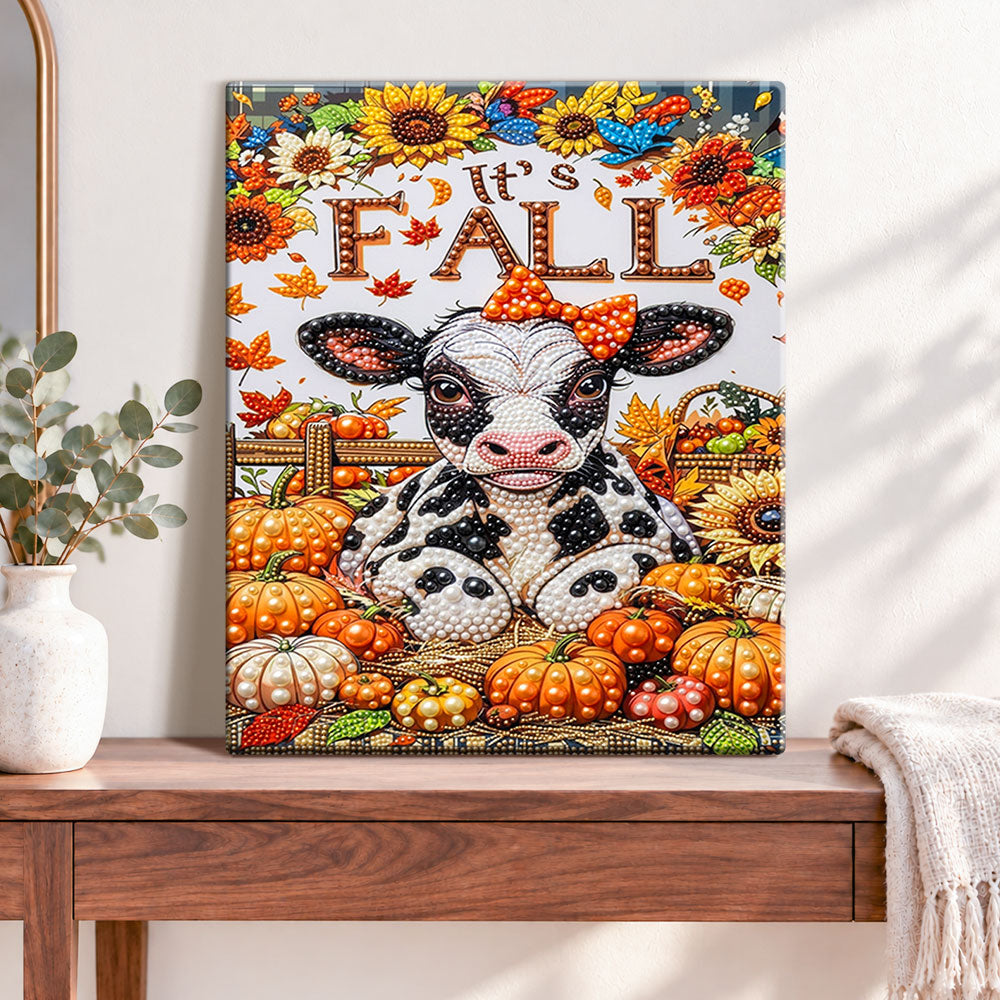 Finished fall harvest cow pearl diamond painting artwork displayed as home decor