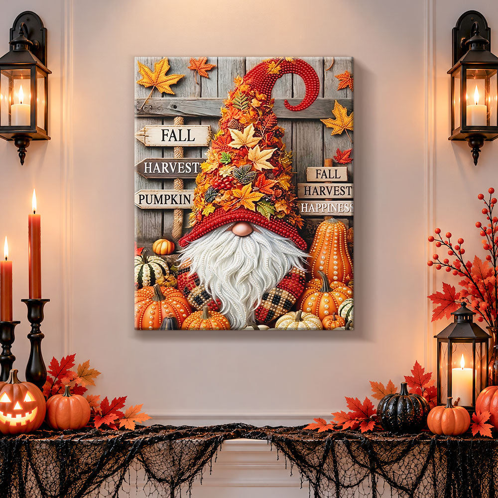 Finished fall harvest gnome pearl diamond painting artwork displayed as holiday home decor