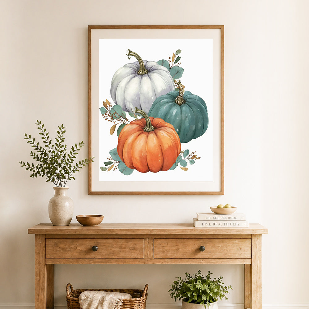 Finished fall harvest pumpkins cross stitch artwork displayed as home decor