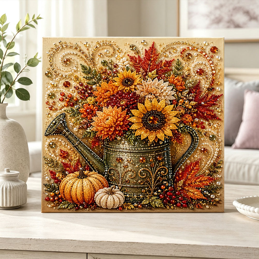 Finished fall harvest watering can pearl diamond painting artwork displayed as home decor
