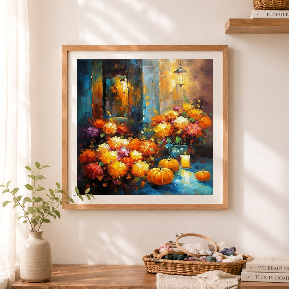 Finished fall pumpkin floral porch scene cross stitch artwork displayed as home decor