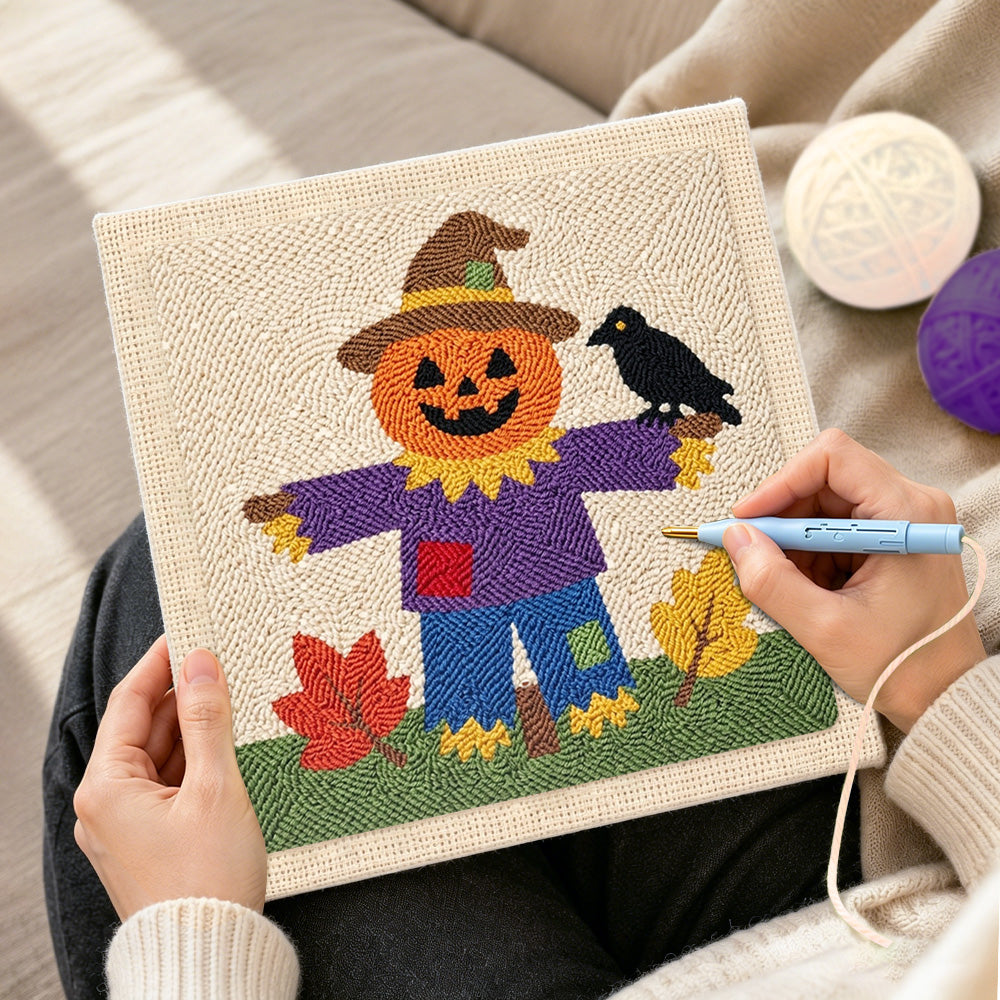 Creating handmade fall pumpkin scarecrow punch needle artwork