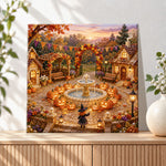 Finished fall pumpkin witch courtyard pearl diamond painting artwork displayed as holiday home decor